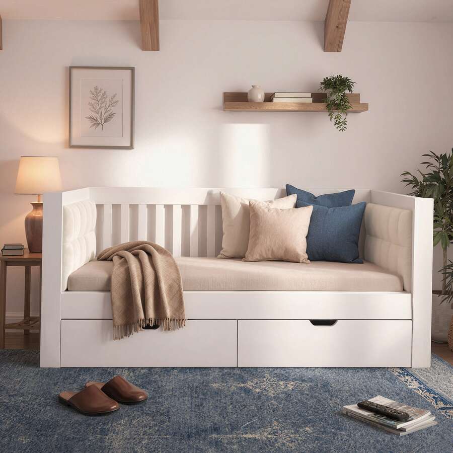 White Sofa Bed Measuring 90x200 Cm With 2 Drawers, Made Of Wood, With Rounded Armrests And A Comfortable Backrest, Ideal For Small Apartments Or Studios, Easy To Assemble. Mattress Not Included. - 白色 - 查看 1
