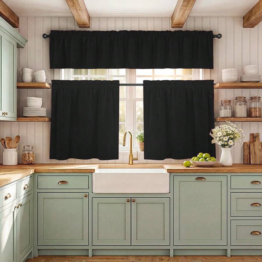 3 piezas Cortinas pequeñas de terciopelo negro de lujo, cortinas de cocina, cortinas de café, con bolsillo para barra, suaves y lisas, gruesas y duraderas, con caída natural, insonorizadas, opacas, que protegen la privacidad, de poliéster, lavables, aptas para todas las estaciones, cortinas de decoración del hogar populares en Europa y América para la cocina, el comedor, el dormitorio, la sala de estar, la oficina, el café, Año Nuevo, fiestas, bodas - Negro - Ver 1