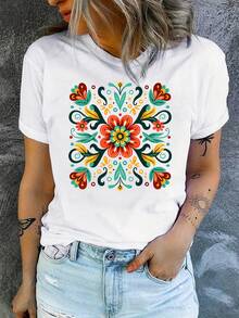 Carta Imprimir camiseta, corto Sve cuello de tripulación top casual para verano y primavera, ropa de mujer - Blanco - Ver 2