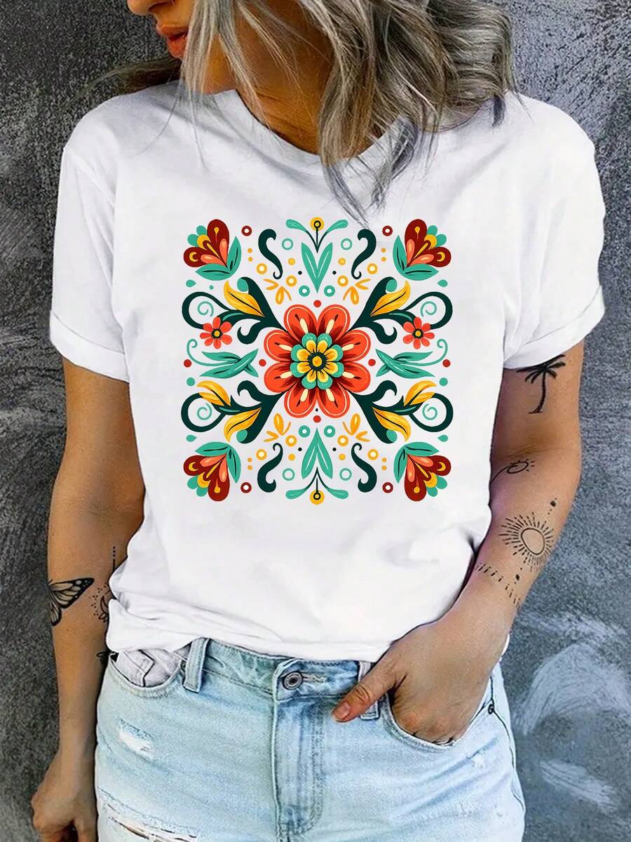 Carta Imprimir camiseta, corto Sve cuello de tripulación top casual para verano y primavera, ropa de mujer
