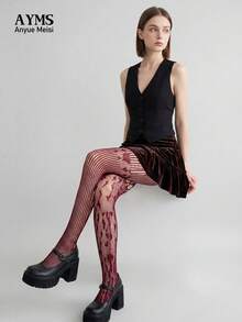 1 par de leggings de jacquard con estilo punk Y2K, asimétricos y con forma de corazón de color rojo vino, y medias altas caladas góticas, adecuados para fiestas, reuniones y atuendos de subculturas - Multicolor - Ver 1