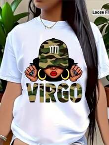 Women's Short Sleeve T-Shirt - White T-Shirt With Virgo Print Design, Casual Round Neck, Soft And Stretchy Fabric, Machine Washable, Fashionable Top For All Seasons, Modern Outfit, Eye-Catching Print T-Shirt, Comfortable Fit T-Shirt, Perfect Festival Gift, Wholesale. - 白色 - 查看 10