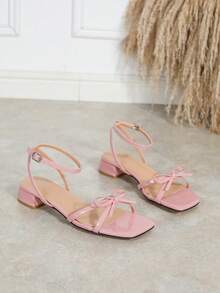 Women's Bowknot Thin Strap Decor Square Toe Chunky Heel Glossy Patent Leather Sandals, Sweet & Gentle Style, Summer Low Heel Sandals - Pink - View 5