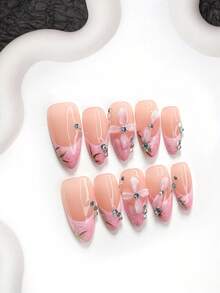 10件套温柔风格手工美甲套装，包括按压式圆形钻石美甲配件、手工雕刻四瓣花和手绘美甲装饰，棕色、绿色和粉色指甲油，休闲风格，附赠美甲工具（1张果冻贴纸+1把指甲锉），三种尺寸可选：杏仁形、鸭嘴形、棺材形，适合聚会、日常、派对、拍照、玩乐、春夏、通勤等场合。 - 彩色 - 查看 11