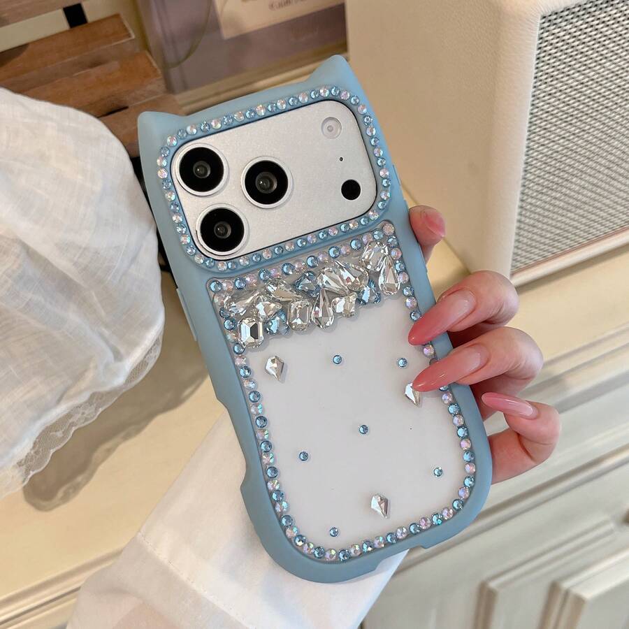 Rhinestone Cat Ear Frame Phone Case Suitable For IPhone 17 Pro Max, 17 New, 16 Pro Max, Luxury, Anti-Fall, Elegant, Sweet Girl Style Phone Protective Cover - Blue - View 1