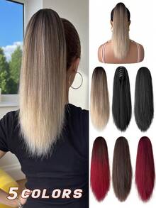 16 Inch Long Straight Ombre Black Brown To Burgundy Claw Clip Ponytail Hair Extension, Made Of Heat-Resistant Synthetic Fiber, Suitable For Women For Christmas, Halloween, Music Festivals, And Daily Use - Two-Tone - View 11