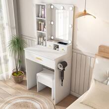 Small Dressing Table Set / Modern Dressing Table / With Mirror, Hairdryer Holder & Upholstered Stool / Dressing Table With Drawers And Shelf / Suitable For Bedrooms And Dressing Rooms - White - View 3
