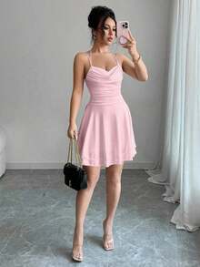 Vestido rosa color sexy con espalda descubierta y sin mangas, con pliegues, ideal para cumpleaños, conciertos, citas nocturnas, verano, fiestas de piscina y graduación - Rosa Pálido - Ver 3