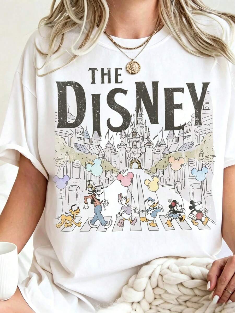 Women's Disney "The Disney" Castle & Abbey Road Graphic T-Shirt, Soft Cotton Breathable Casual Retro Short-Sleeve Tee - 白色 - 查看 1
