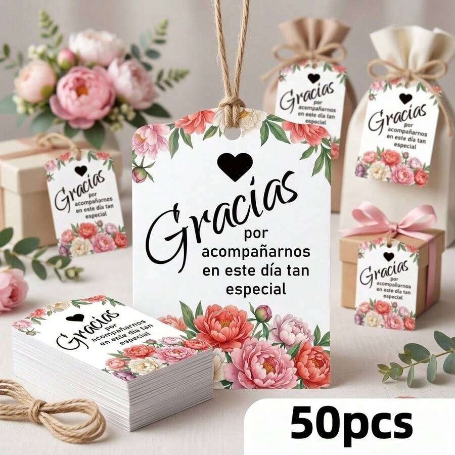 50入西班牙文「Gracias」感謝吊牌,300g花卉卡紙,適用婚禮禮物、派對、新娘婚前派對、週年慶祝(僅卡片,不含繩子) - A - 查看 1