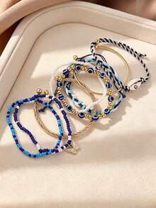 8pcs Bohemian Summer Vacation Personalized Fashion Versatile Handmade Beaded, Braided Rope, Twist Bracelet, Butterfly, Shell, Evil Eye Stackable, Elastic, Adjustable Bracelet Set, Suitable For Women Beach, Party, Large Gathering, Bar, Perfect Gift, All Season, Casual, Commute, Outing, Shopping Daily Wear - Multicolor - View 8