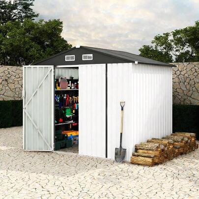 Beaully Heavy Duty Steel Metal Storage Shed With 2 Doors, 6x8 Ft Lockable Outdoor Utility House With Air Vents & Sloped Roof, Weatherproof Backyard Storage For Lawn Mower, Tools