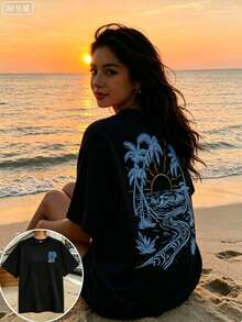 Women's Black Plus Size Tee With Beach Sunset And Palm Tree Graphic Print Casual Short Sleeve - 黑色 - 查看 15