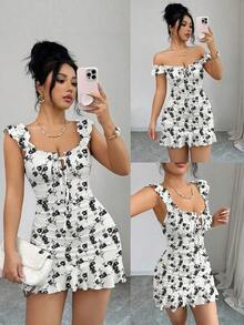 Vestido camisero con volantes en el bajo y hombros descubiertos, estilo vintage con estampado - Vestido entallado de línea A - Blanco y Negro 5 - Ver 9