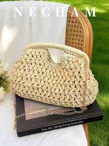 1 chiếc túi đeo vai bằng rơm kiểu dáng nghỉ dưỡng, túi xách đeo chéo thời trang, đa năng, thích hợp đi biển. - trắng - Xem 1