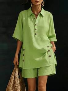 Women's Linen 2-Piece Outfit, Short Sleeve Button Down Shirt And Loose Shorts Set - Green - View 6