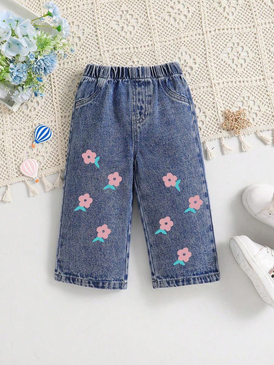 1pc Girls Casual Washed Blue Denim Jeans, Versatile Spring/Summer - Dark Wash - View 1