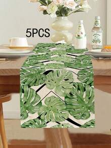 1pc Tropical Palm Leaf Pattern Printed Table Runner, 4pcs Palm Leaf Pattern Printed Placemats, Suitable For Holidays, Parties, Birthdays, Dinners, Kitchen & Dining Room Table Decor, Applicable For All Seasons Home Decor, Household Textiles - Multicolor - View 14