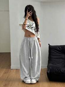 Pantalones  para Mujer, Estilo Urbano Otoño/Invierno, para Salir o Regresar a la Escuela, Cintura Elástica, Cómodos, Color Gris, Corte Scimitar - Gris - Ver 6