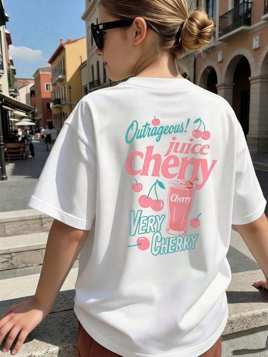 Short-Sleeved T-Shirt With Round Neck And Hibiscus Floral Print And Slogan, Minimalist And Fresh Casual Style For Teenage Girls, Ideal For Summer. - 粉色 - 查看 1