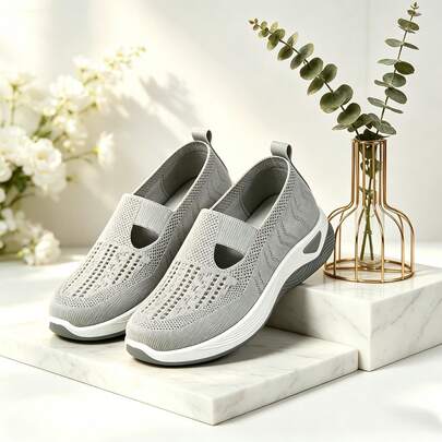 Women Casual Breathable Hollow  Mesh Slip On Shoes Soft Hollow Out Upper Comfort Platform Cushion Sole Daily Walking Sneakers