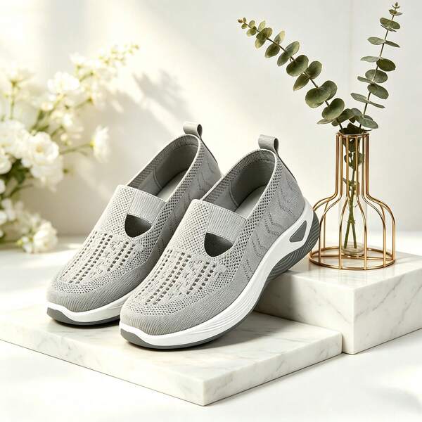 Women Casual Breathable Hollow  Mesh Slip On Shoes Soft Hollow Out Upper Comfort Platform Cushion Sole Daily Walking Sneakers