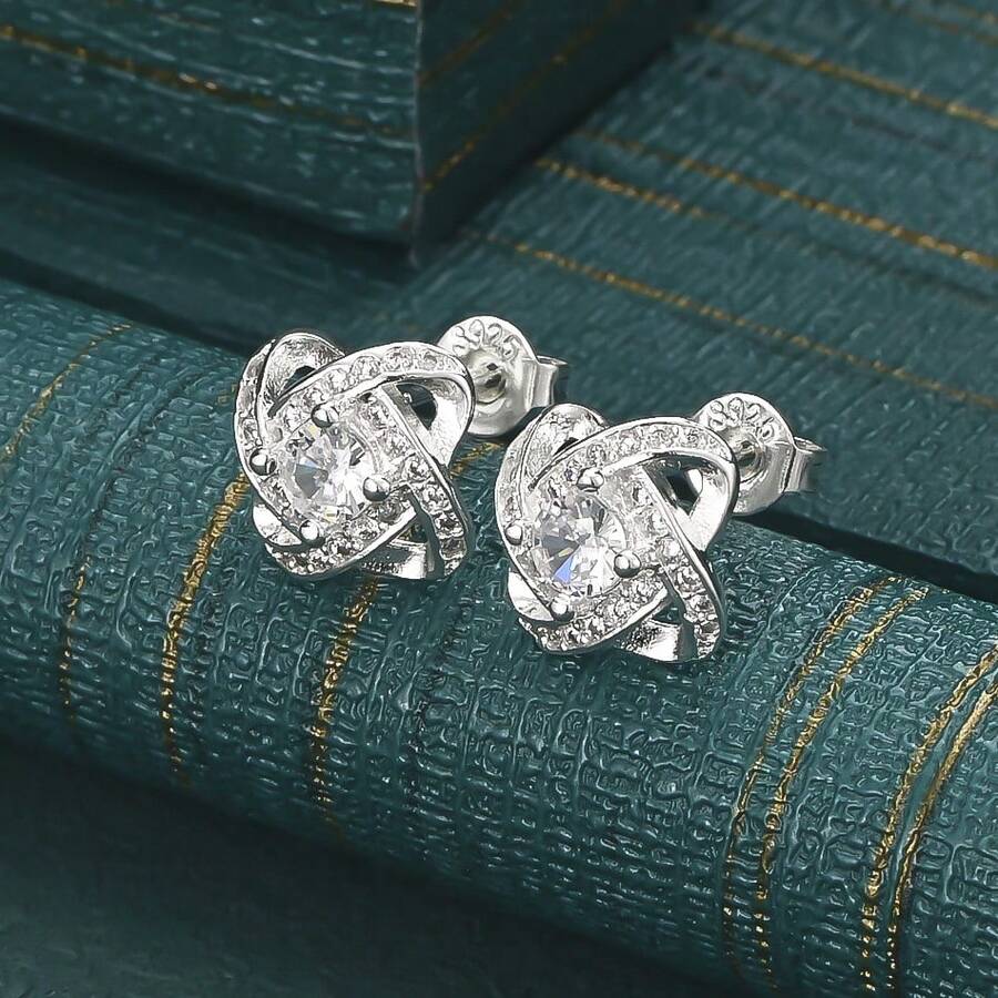 Bông tai bạc 925 hình hoa xoay đính đá Zirconia - Trang sức tinh tế và dễ thương dành cho phụ nữ dự tiệc cưới. - Bạc - Xem 1