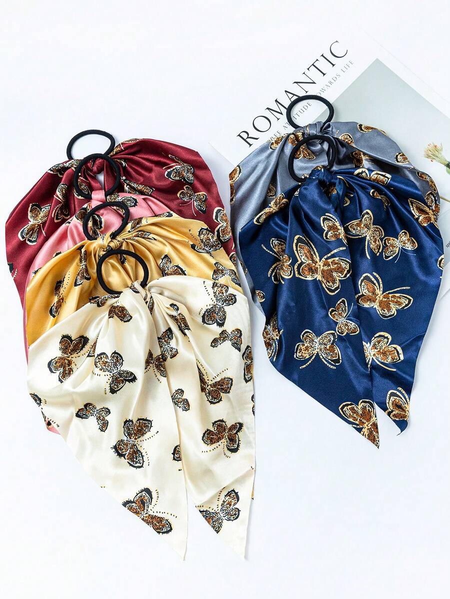6pcs Butterfly Print Ribbon Hair Scrunchies, Fashionable Versatile Ponytail Holders Suitable For Daily Outfit Matching - Multicolor - View 1