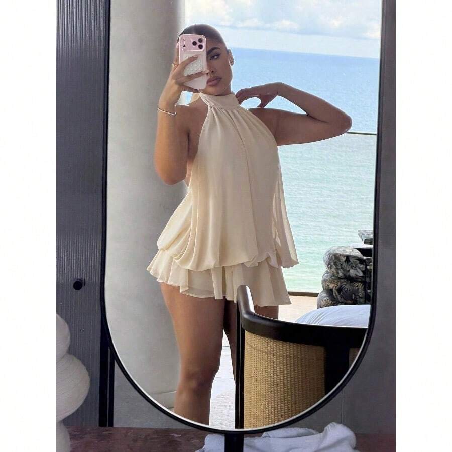 Women's Elegant Light Yellow Halter Tie Mini Dress,Party Dress,Elegant Dresses For Women,Party Dresses For Women - Màu be - Xem 1
