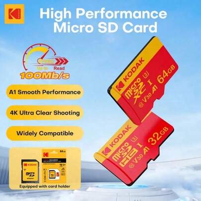  KODAK U3 V30 A1 High Speed TF Card, Class 10 Micro SD Memory Card, 32GB/64GB/128GB/256GB, Supports 4K Ultra HD Shooting, Free SD Card Adapter Included