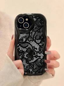 蕾丝彩色印花黑色奶油色图案软壳，兼容P17/P17PROMAX/iPhone16//iPhone16pro/iPhone16promax/iPhone15/ XR /7p8p/P12promax/P13promax/P14PROMAX /P13/P14/P11/P12/P14，可爱时尚加厚手机壳 - 黑色 - 查看 4