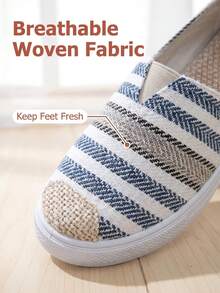 Women's Fashion Striped Linen Patchwork Flat Shoes, Breathable Canvas Casual Flats, Comfortable Daily Walking & Holiday Shoes (Random Stripe Design) - Blue - View 2