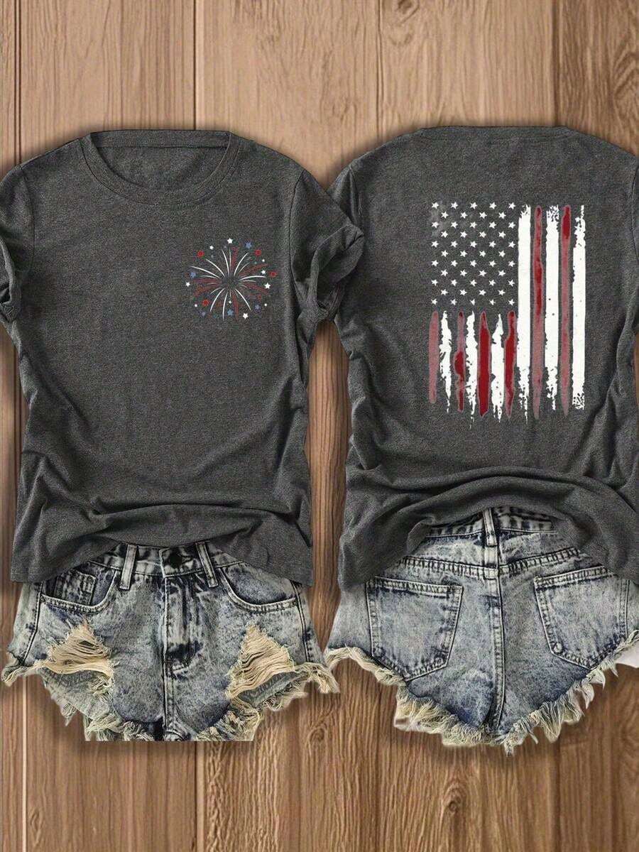 Retro Fireworks Shirt Patriotic T-Shirt, Preppy Coastal Lake T-Shirt, Colorful Summer T-Shirt, Beach Lover Gift Casual T-Shirt Vacation Set For Women - 灰色 - 查看 1