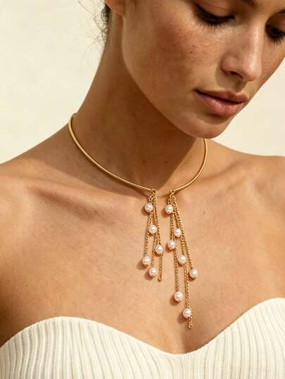 1pc European And American Summer Pearl Choker Necklace, Elegant Tassel Necklace, Perfect Gift For Women