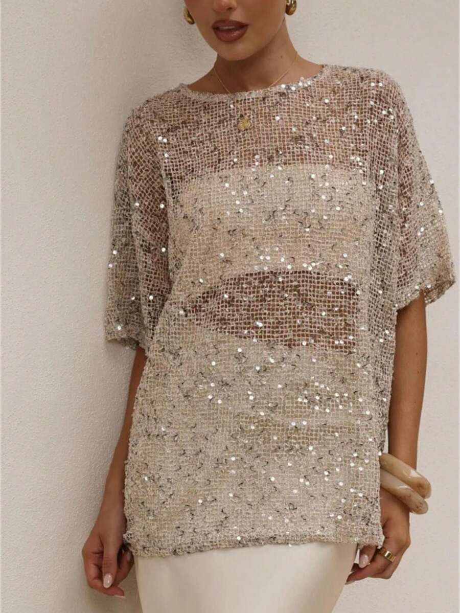 Women's Summer Sequin Mesh Sheer Top Loose Elbow Sleeve See-Through Glitter Blouse, Casual Party Cover Up T-Shirt - Beige - View 1