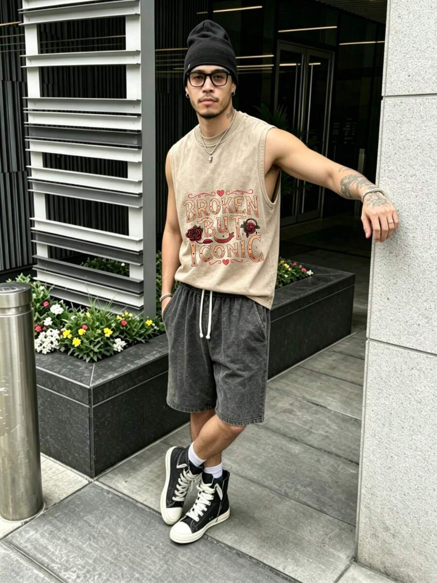 American Retro Men's Washed Two-Piece Set: Features A Loose-Fitting, Sleeveless Tank Top With A Printed Graphic, Paired With Loose, Washed Casual Shorts With A Drawstring Waist. Ideal For Summer Wear. - 杏色 - 查看 1