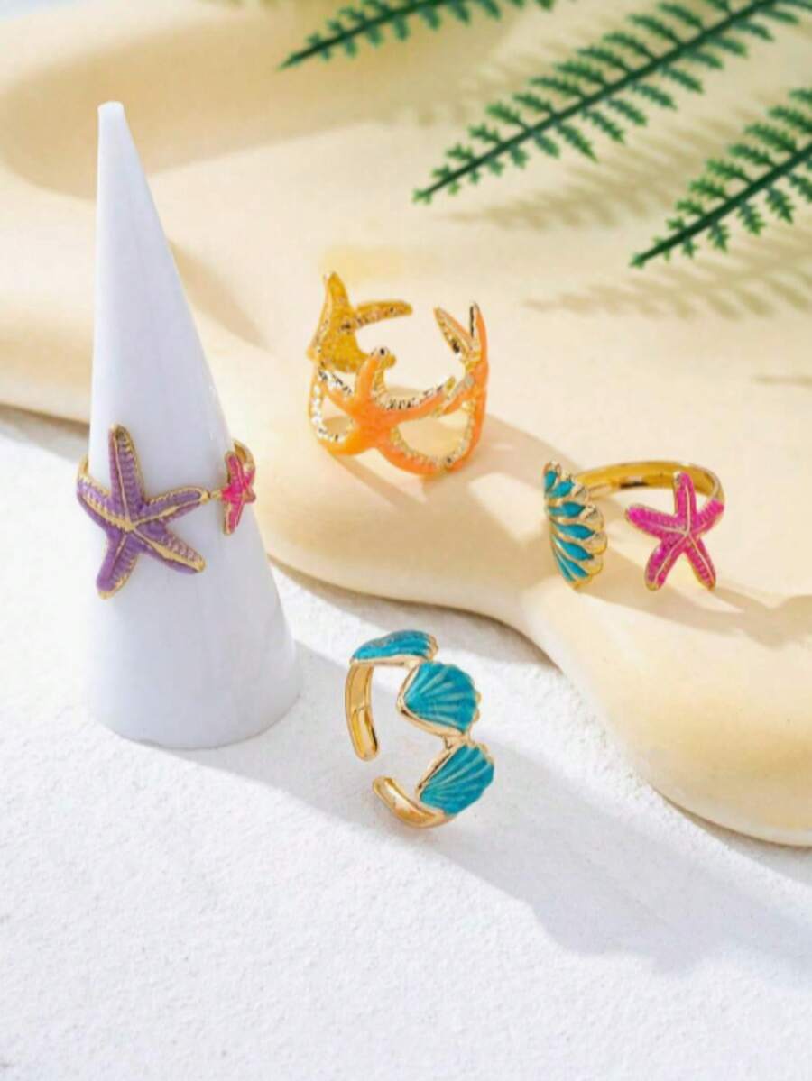 4-Piece/Set Fashionable Dopamine Style Starfish Shell Ocean Metal Ring, Suitable For Children's Vacation Wear, Multifunctional And Elegant - Multicolor - View 1