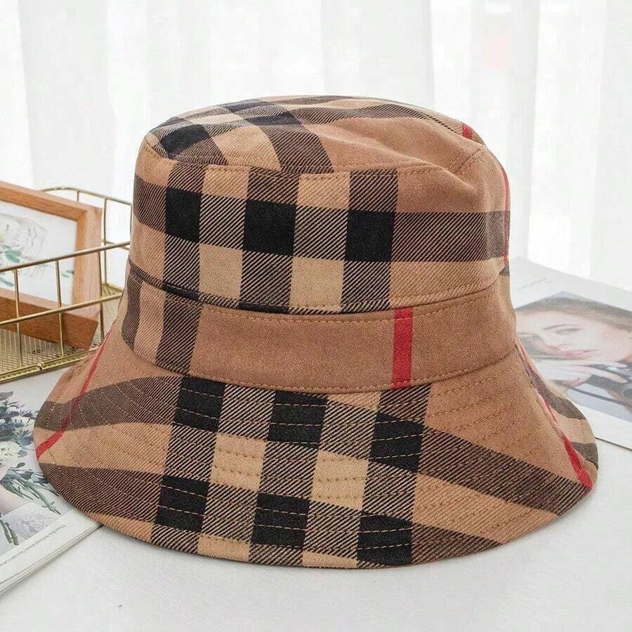 Women Suede Plaid Folding Bucket Hat For Holiday Lady Spring Bowler Luxury Sun Protection Cap Autumn Winter Classic Headgear New - Khaki - View 1