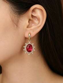 1 par de pendientes colgantes de flores vintage color oro con circonita roja, pendientes de aro de lujo para mujer, accesorios para bodas, fiestas y cumpleaños - pendientes - Ver 5