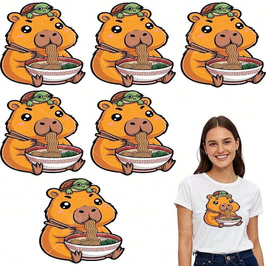 6pcs Capybara Anime Ramen Turtle Funny Kawaii Capybara Graphic Chest Logo Ironon Stickers Heat For Clothesbag Novel Patch Decorations Ironing Fusible Fabric DTF Transfers Readys To Presss - hoa cúc nhỏ - Xem 1