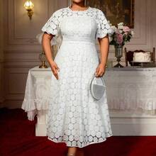Plus Size Women's Lace A-Line Dress, Party Short Petal Sleeve Dress With Lining, Birthday Gift Elegant Summer - Blanco - Ver 8