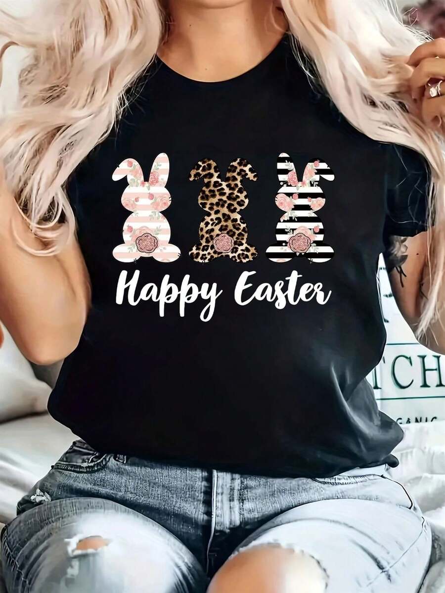 Women's Slim Fit Happy Easter Bunny Chicks Print T-Shirt - Short Sleeve Crew Neck Spring Summer Casual Top, Comfortable Short Length Blouse For Casual Wear And Easter Party Outfits - 黑色 - 查看 1