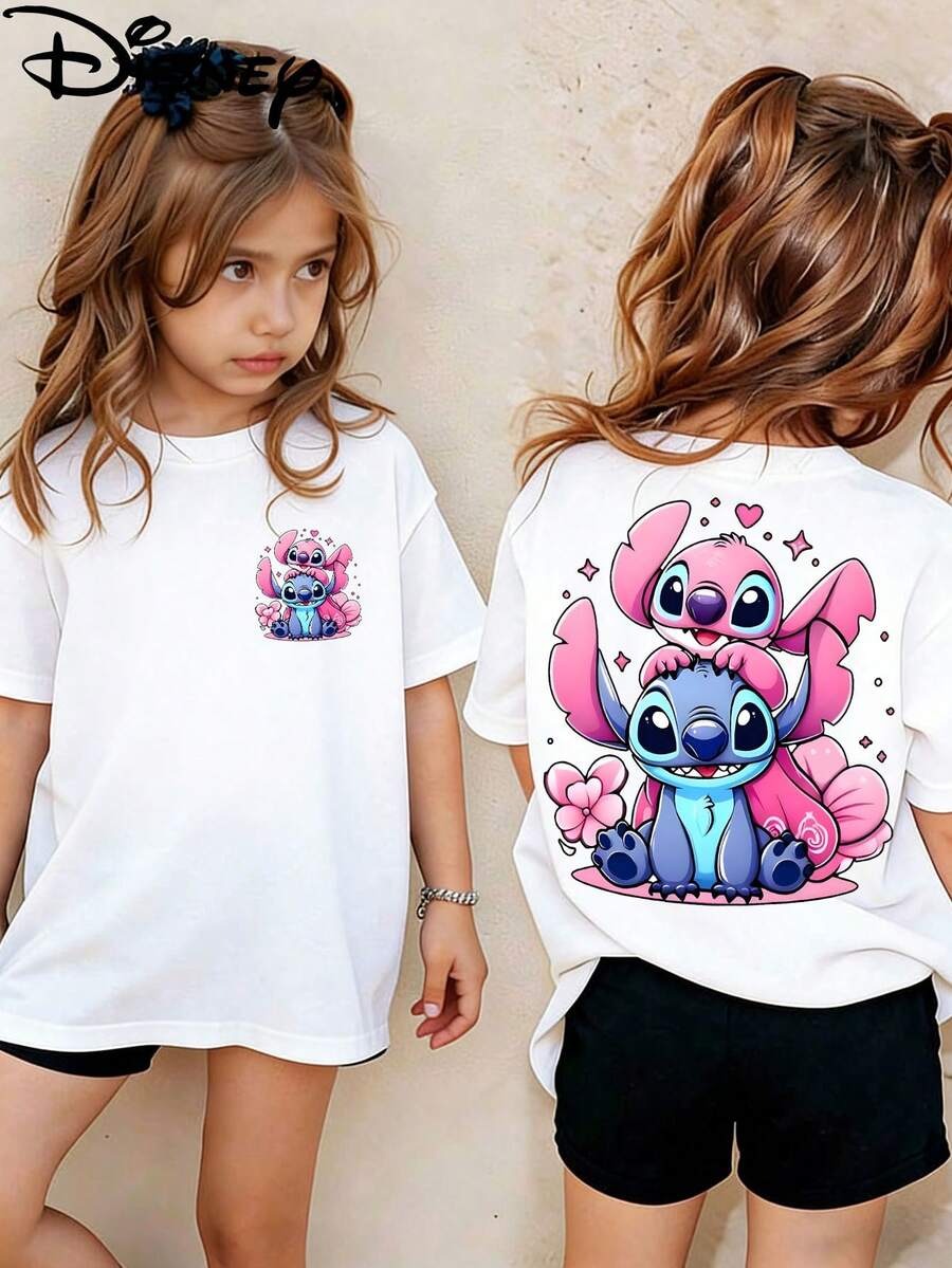 Disney Licensed Street Style Lilo & Stitch Stitch And Angel Art Print Kids' T-Shirt, Bold Cute Character Graphic Tee, Perfect For Everyday Wear, Casual Meetups, Themed Outings And Urban Street Style, Shipped From Local Warehouse - 白色 - 查看 1