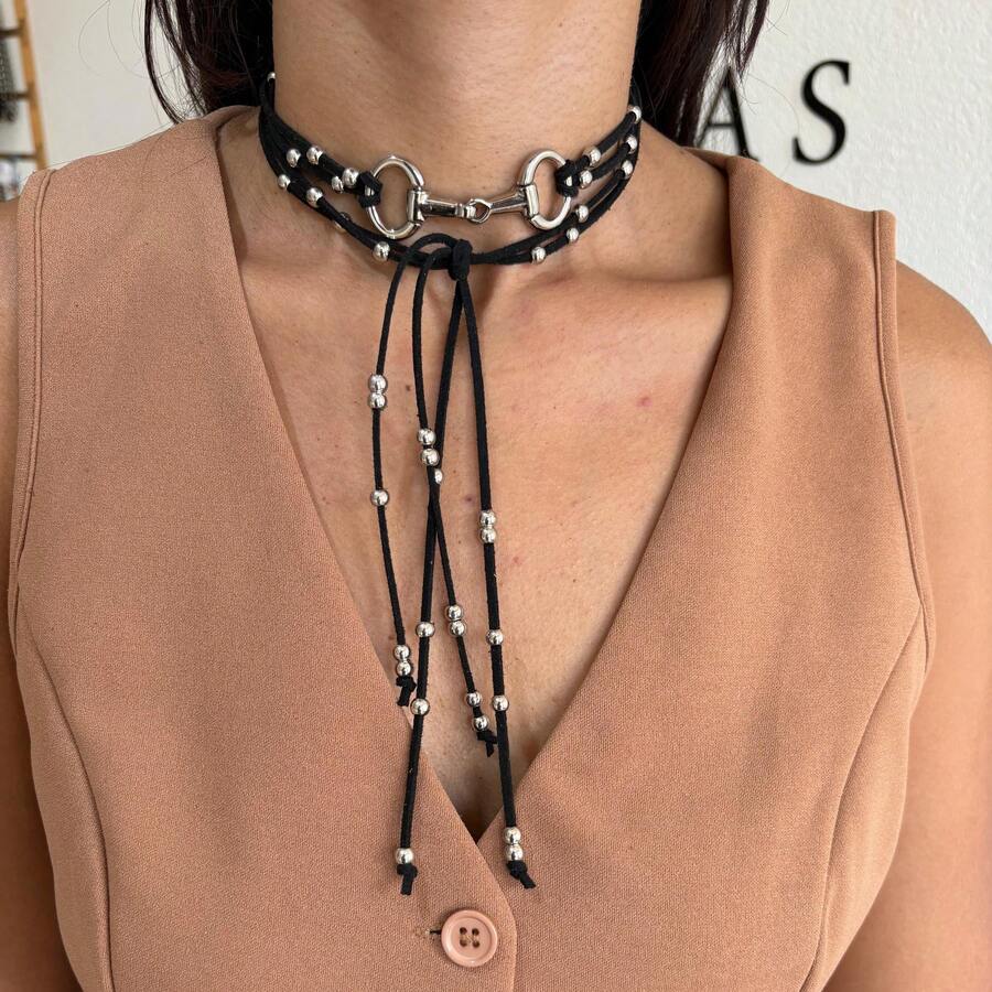 Long Silver-Plated Bridle Necklace With Small Beads, Country Western Cowgirl Boho Style, Women's Leather. - màu đen - Xem 1