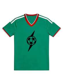 Camiseta de Estilo Deportivo Casual para la Temporada de Fútbol 2026 con Gráfico de Fútbol Relámpago, Jersey con Cuello en V para Primavera y Verano, Camiseta para Fanáticos del Fútbol, Regalo Perfecto para Hombres y Entusiastas del Deporte - Verde - Ver 3