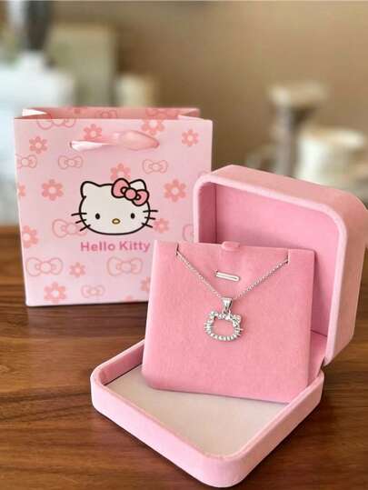  1 pieza Collar con colgante de Hello Kitty de Sanrio, collar elegante y lindo con dije de Kitty hueco de cristal