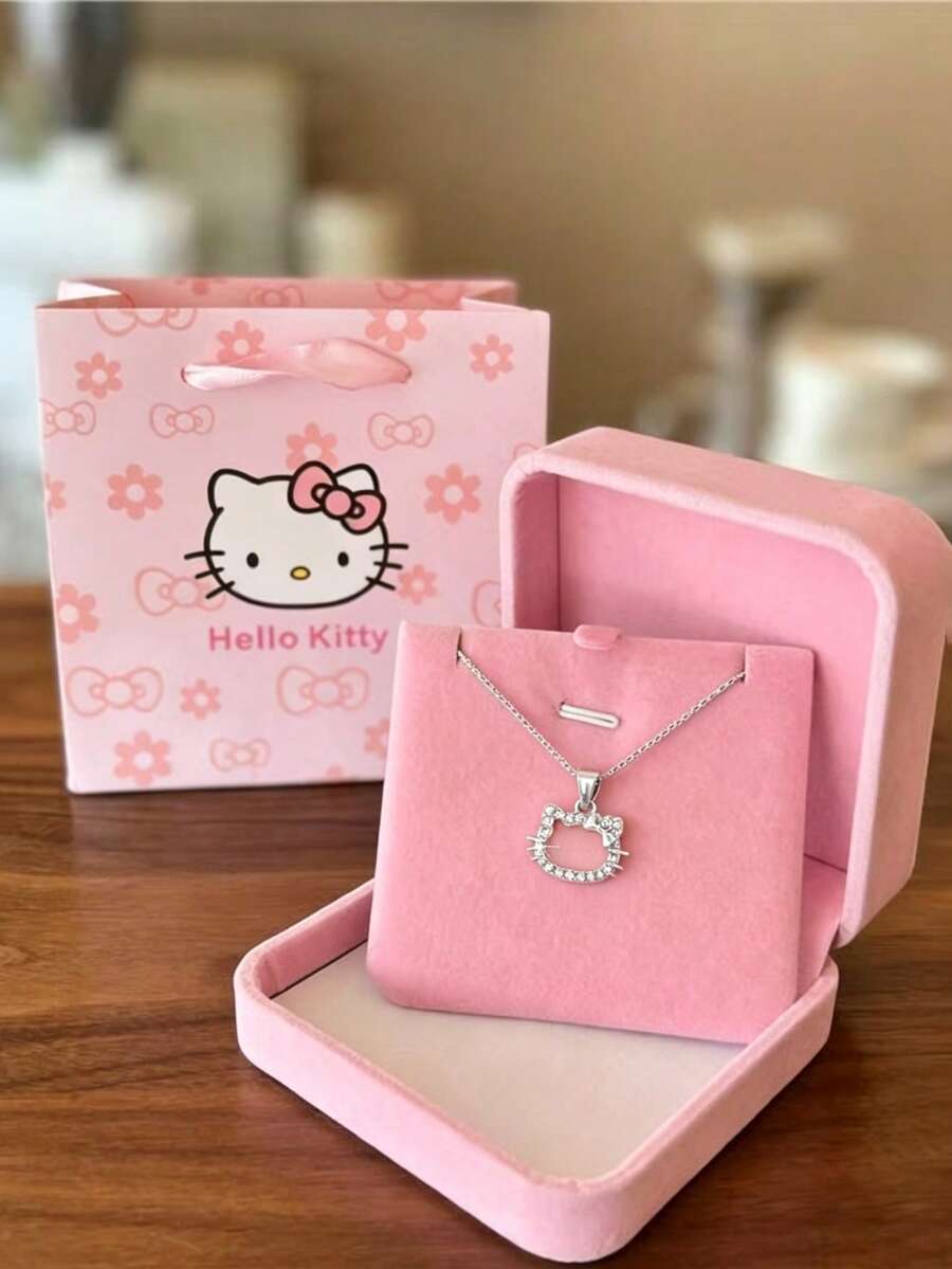 1pc Sanrio Hello Kitty Pendant Necklace, Cute & Elegant Hollow Crystal Kitty Charm Necklace - one-size - View 1