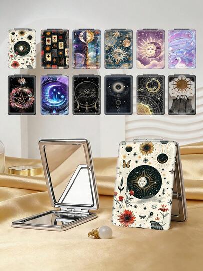 1 chiếc gương trang điểm kiểu cổ điển Cosmic Series, gương cầm tay gấp gọn nhẹ, chất liệu da PU bền chắc, đa năng, hình chữ nhật bỏ túi với họa tiết hoa lá bướm cổ điển, nắp gập 180°, đa chức năng.