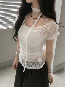 女士蕾丝荷叶领短袖T恤 休闲款 - 白色 - 查看 7
