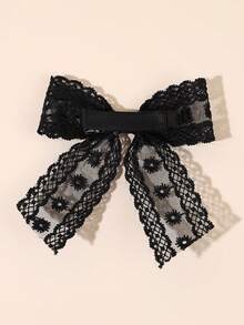 2件裝黑色花卉刺繡蕾絲蝴蝶結髮夾附尾飾，春夏森林風髮飾，甜美女孩童用髮飾 - 黑色 - 查看 5